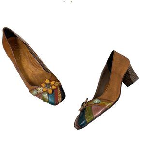 Elite by Corkys Brown Multi Color Gladiolus Womens Flower Leather Pumps Size 10